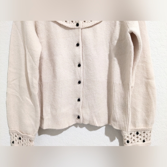 Anthropologie Cream Wool Cashmere Blend Black Pearl Sweater Cottagecore Grandma - Picture 5 of 12